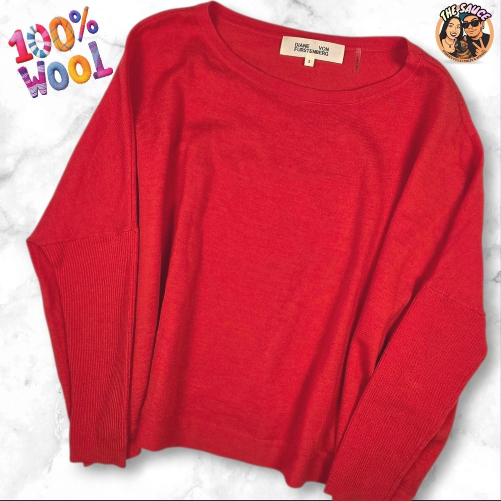 Diane Von Furstenberg Red Coral 100% Merino Wool Crew Neck Sweater S Flowy